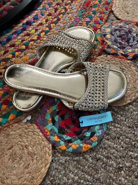 Cynthia Rowley Metallic Gold Woven Slide Sandals
